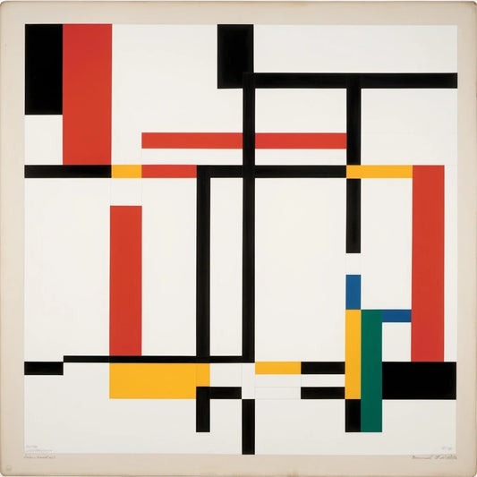 Abstract geometric painting with intersecting black, red, yellow, green, and blue rectangles on a white background.