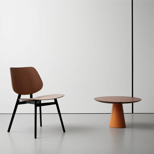 Modern chair and table in a minimalist room with a white wall and grey floor.