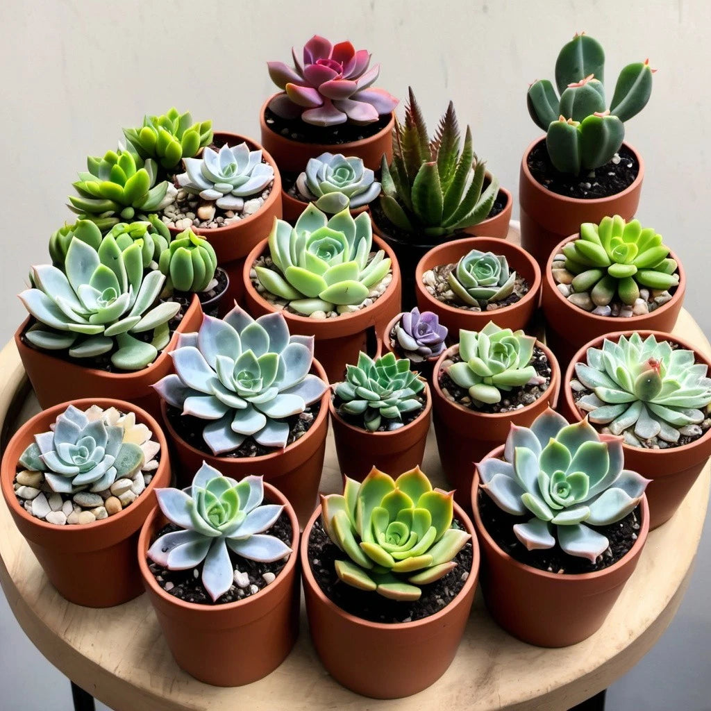 Variety of potted succulent plants on a wooden table.